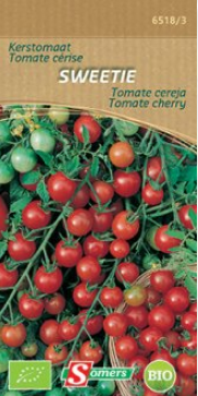 S65183 Be-Bio-02 Tomaat Cherry Sweet Variëteit van kerstomaten met kleine ronde vruchtjes in tros, zeer zoet. Knijpen niet nodig. Leent zich perfect voor teelt in pot. Kan heel het jaar door gezaaid worden. Zaaien onder glas, dan uitplanten in potjes voor een snelle ontwikkeling. Later uitplanten in volle aarde of in potten. Zeer geschikt voor aperitief en salades. Ruim en regelmatig water geven, opletten om de bladeren niet nat te maken. Zaden afkomstig van biologische landbouw. Tomaat Cherry Sweet