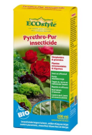FECO1201165 Pyrethro-Pur insecticide - Erk.nr.: 9390G/B - 200 ml Pyrethro-Pur is een 100% plantaardig product op basis van natuurlijk pyrethrum met koolzaadolie.
Bestrijdt luizen, witte vlieg en trips op sierplanten en groenten.
Korte wachttijd: groenten kunnen reeds 2 dagen na de behandeling geoogst worden.
Tegen ei, larve en volwassen insect.
Zonder chemische toevoeging.

Gebruik:
Bespuit het gewas van alle kanten goed en vergeet hierbij niet de onderkant van het blad te behandelen. Pyrethro-Pur doodt de insecten en mijten door contact. Daarom is het aangeraden in cirkelvormige bewegingen te bespuiten. De plant goed van alle zijden met het product bevochtigen. Bij voorkeur behandelen bij valavond of 's morgens. Behandeling in volle zon vermijden. Vooral de insectenhaarden zorgvuldig behandelen.

Dosering: 10 tot 20 mg per liter water (2 behandelingen)

Werkzame stof: 4,59 g/L pyrethrum + 825,3 g/L koolzaadolie Pyrethro-Pur insecticide