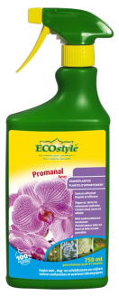 FECO1201168 Promanal spray kamerplanten - Erk.nr.: 9951G/B - 750 ml Ecologisch bestrijdingsmiddel tegen wol-, dop- en schildluizen op kamerplanten en orchideeën.

Promanal is een product op basis van gezuiverde paraffineolie. Het bestrijdt doeltreffend wol-, dop- en schildluizen op sierplanten, en tegen spint op fruit (groot en kleinfruit). De olie in het product geeft de plant een mooie bladglans.
Voor een goede werking moeten alle insecten goed geraakt worden.
Leg bij behandeling binnenshuis een afdekking onder de plant. Afdruppend product kan olievlekken veroorzaken.

Samenstelling: 12 g/L paraffineolie
 Promanal spray