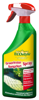 FECO1201889 Groenvreter Spray 750 ml - Erk.nr.:506B Effectief tegen groene aanslag.
Verwijdert snel en effectief mos en groene aanslag.
Toepasbaar op steen, terracotta, metaal, kunststof, hout en glas.
Werkt op basis van natuurlijke vetzuren.
Schrokken en naspoelen overbodig.
Volledig biologisch afbreekbaar.

Toepassing:
Voor een optimaal resultaat is het belangrijk dat de te behandelen oppervlakken droog zijn en gelijkmatig bevochtigd worden. Enkele uren droogte na toepassing geeft het beste resultaat. Schrobben en naspoelen is niet nodig.
Voor een optimale werking niet toepassen bij een temperatuur lager dan 12°C.

Samenstelling: 31,29 g/L pelargonzuur Groenvreter spray