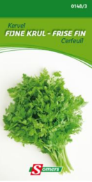 S01483 Kervel Fijne Krul Donkere kervel. Kan het hele jaar door gezaaid worden in kas, onder glas, zelfs binnenshuis. Kan verschillende malen na elkaar afgesneden worden. Elke drie weken zaaien. In de zomer in de schaduw. Veel besproeien. Kervel Fijne Krul